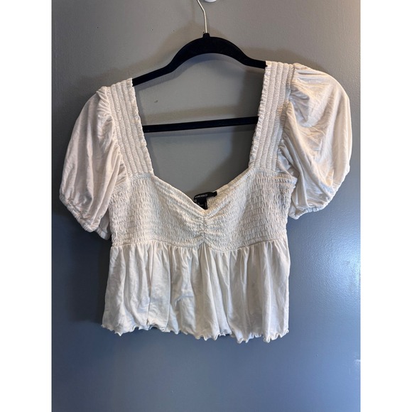 Forever 21 Tops - Forever 21 White Smocked Puff Sleeve Crop Top Babydoll Blouse Large